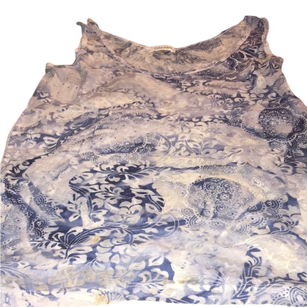 Calvin Klein size XL blue semi sheer blue tank lightweight flocked scoop neck